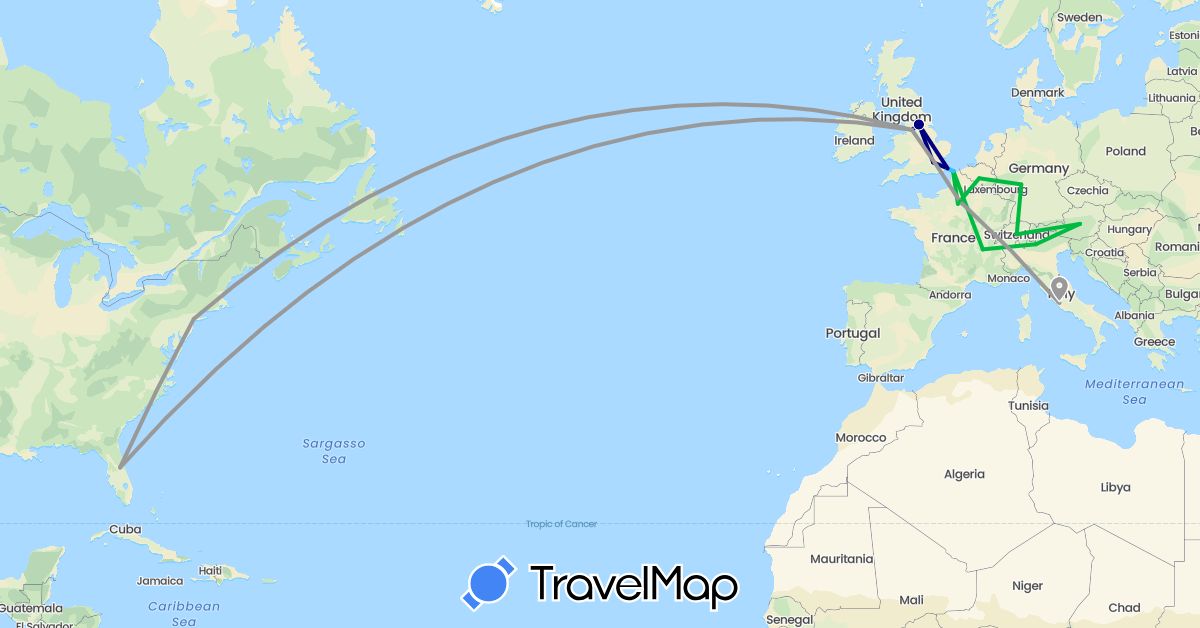TravelMap itinerary: driving, bus, plane, boat in Austria, Belgium, Switzerland, Germany, France, United Kingdom, Italy, United States (Europe, North America)